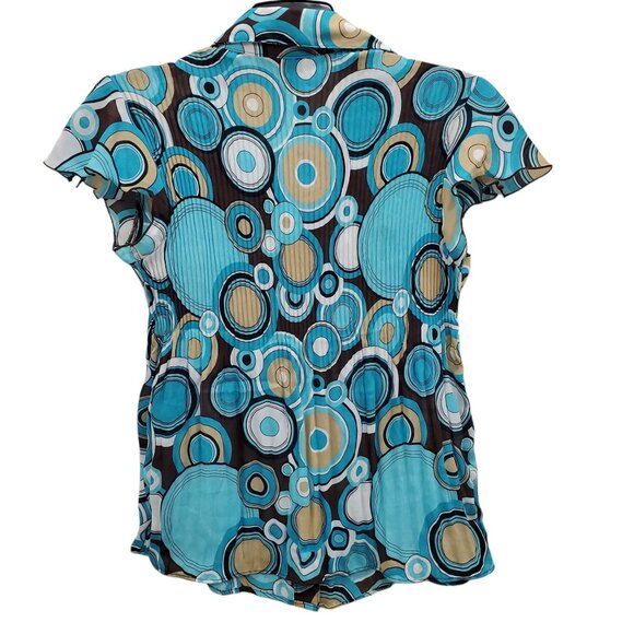 Sere Nade Serenade Y2K Women's Aqua Retro Circle Print Crinkle Button Up‎ Top S - Picture 5 of 5